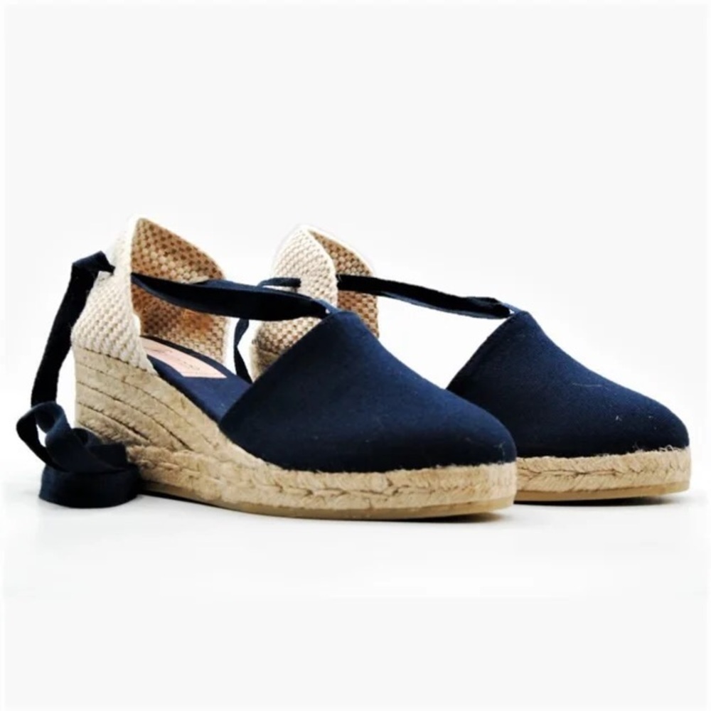 Anthropologie GAIMO Valencia Navy Ankle Tie Wedge Espadrilles size EU 37